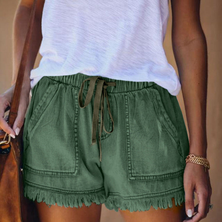 Elastic Waist Fringe Denim Shorts