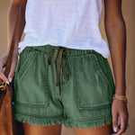 Elastic Waist Fringe Denim Shorts