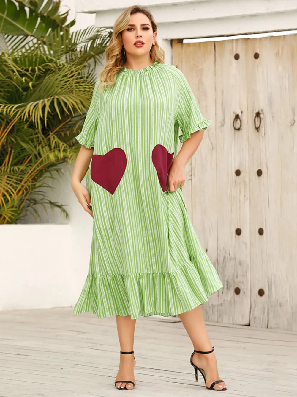 Plus Size Frill Heart Striped Half Sleeve Dress - Light Green - runwayfashionista.com