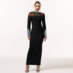 Elegant High Neck Long Sleeve Fitted Sequined Dress - black