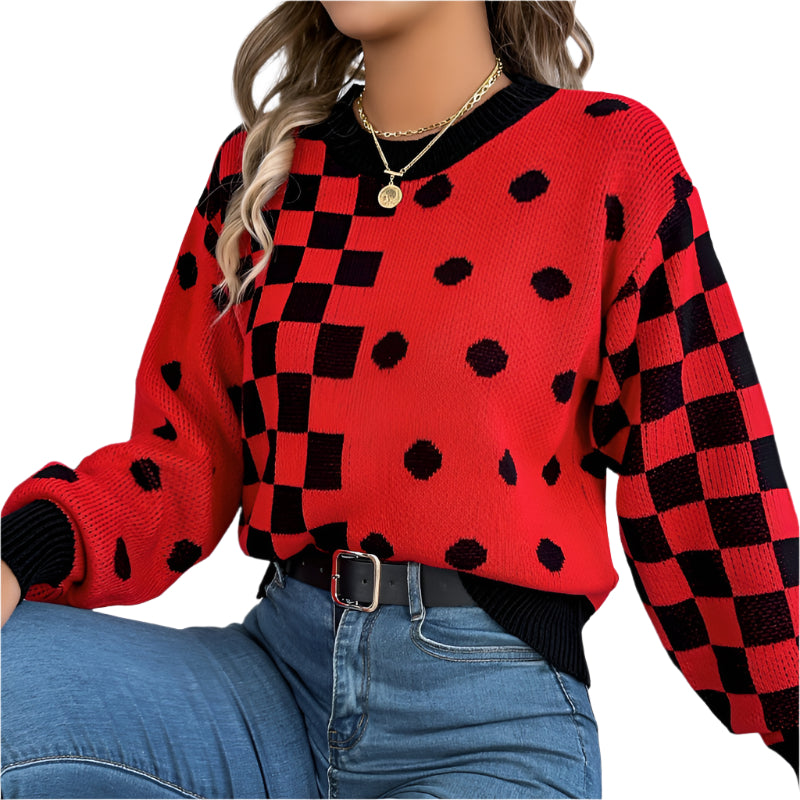 Casual Contrasting Polka Dot Lantern Sleeve Sweater