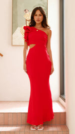 A fitted, one-shoulder maxi dress with a V-neck and sleeveless design, available in green, yellow, rose pink, red, and black, suitable for resort wear.
