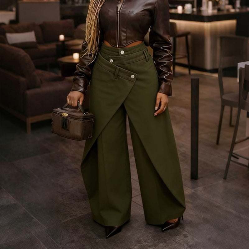 Retro High-waisted Cross-over Metal Buckle Irregular Wide-leg Pants - green