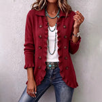 Double-Button Ruffle-Trim Knit Cardigan - wine red