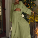 Sage Green 3-Piece Crop Top, Kimono Cardigan & Wide Leg Pants