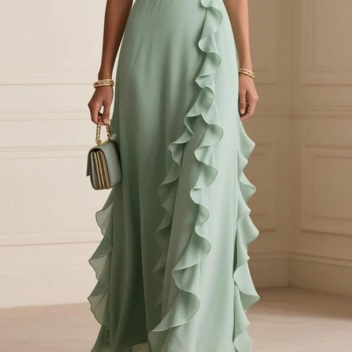 V-Neck Ruffle Maxi Dress - green