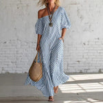 Striped Print Short-Sleeved Maxi Dress - blue