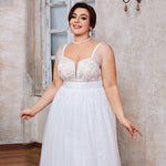 Plus-Size Bridal Gown — Illusion-Lace Bodice, Beaded Fringe Shoulder, Tulle A-Line Floor-Length — Curve Sizes 0XL–4XL