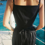 Black Cotton And Linen Side Seam Strapless Maxi Vest Dress
