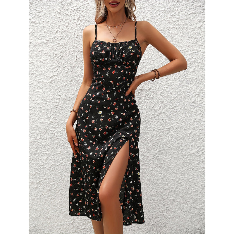Polka Dot Print Suspender Midi Dress - black