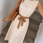 Pearl Neck Sleeveless Self-Tie Belt A-Line Midi Dress