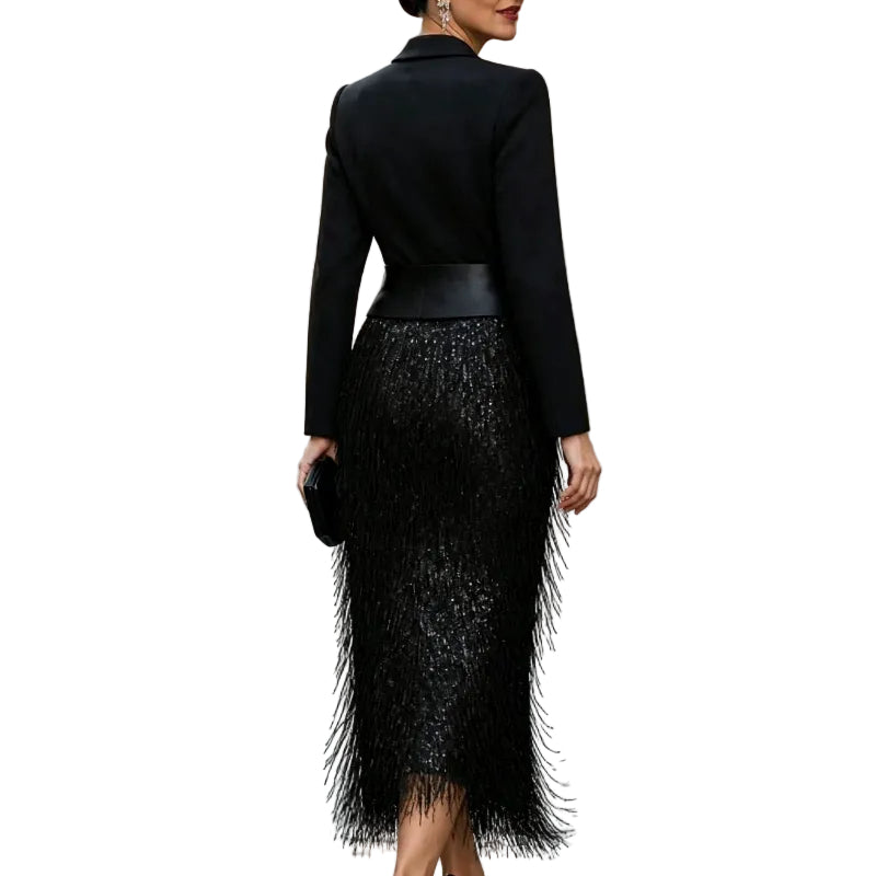 Black Blazer Sequin Fringe Midi Dress