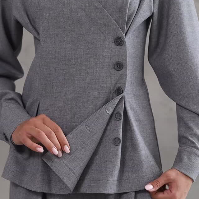 Light Grey V-Neck Asymmetrical Button Top & Wide-Leg Pants Set - grey