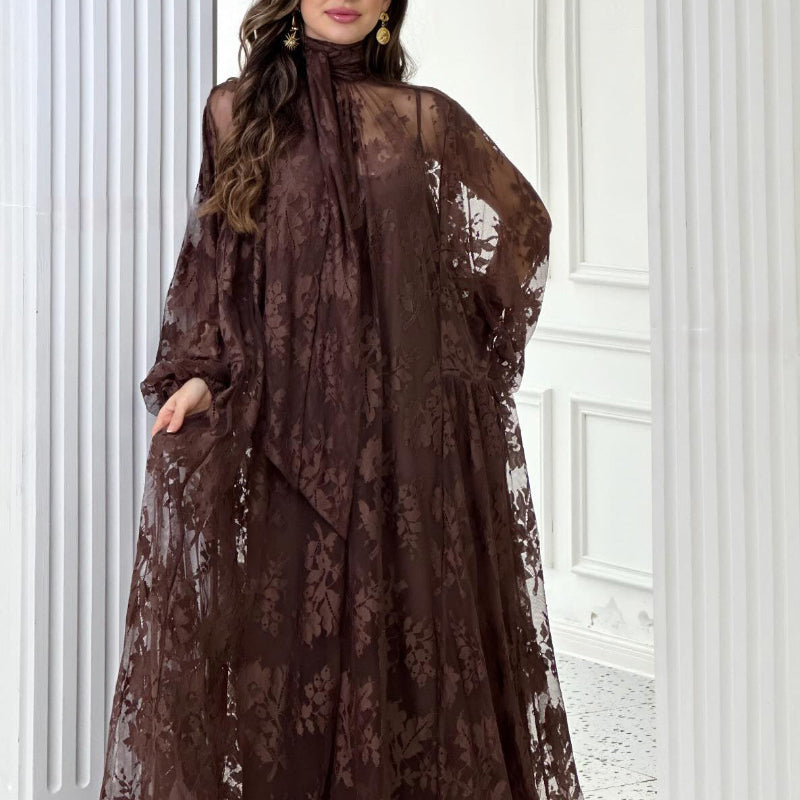 Lace Tie Double Layer Swing Maxi Dress