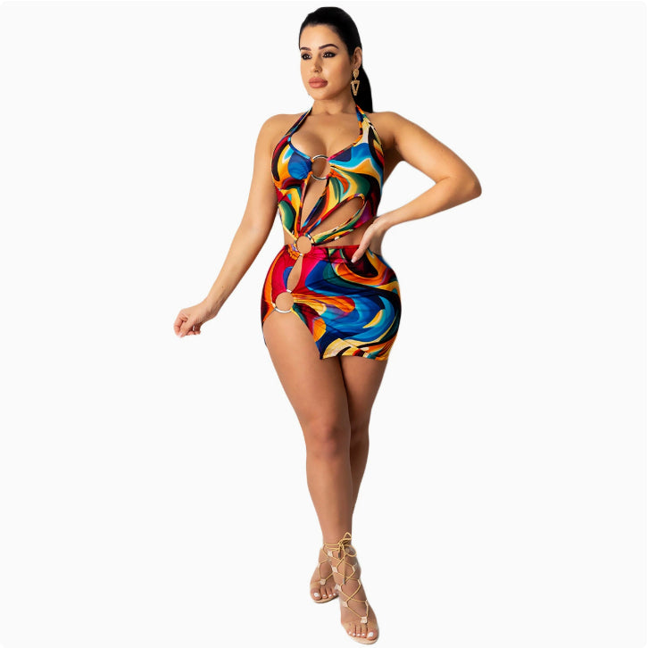 Multicolour Halter Ring Detail Mini Dress