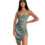 Satin Ruched Strappy Mini Dress - grey
