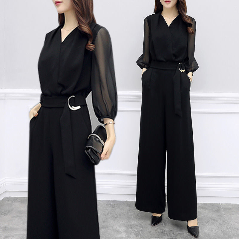 Black V-Neck Sheer-Sleeve Elasticated-Waist Wide-Leg Jumpsuit