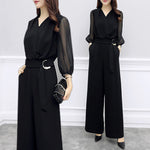 Black V-Neck Sheer-Sleeve Elasticated-Waist Wide-Leg Jumpsuit