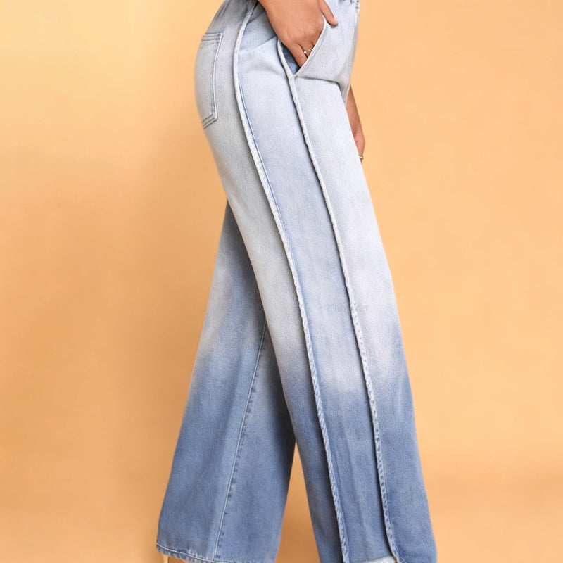 Light Blue Ombre Wide-Leg Jeans With Elastic Waist