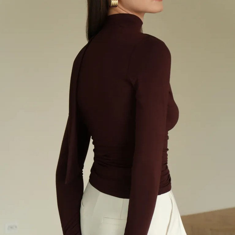 Ribbon V-neck Scarf Long-sleeved Base Top - brown