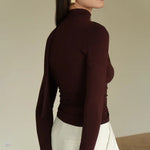 Ribbon V-neck Scarf Long-sleeved Base Top - brown