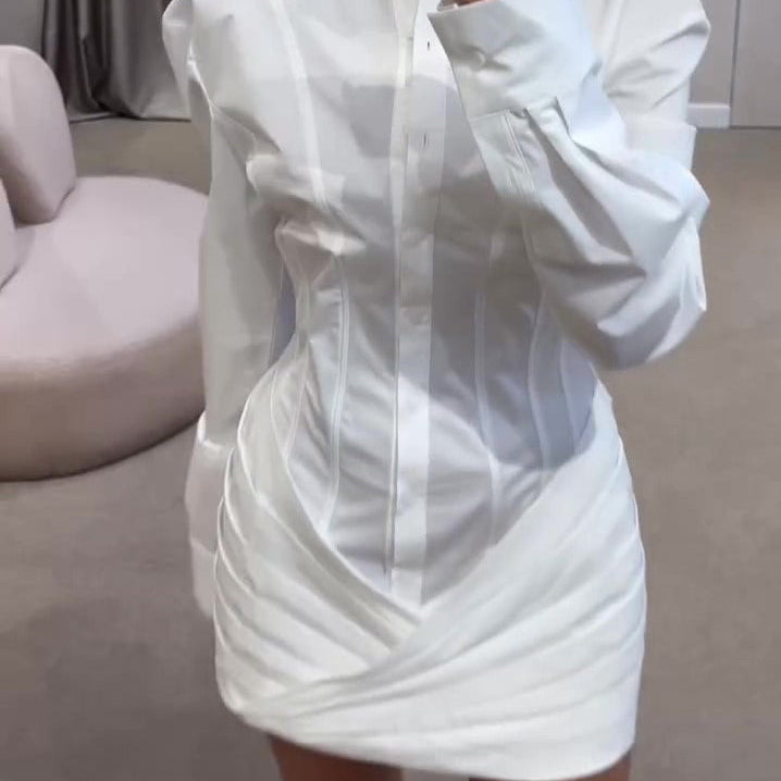 White Pleated Long Sleeve Mini Shirt Dress