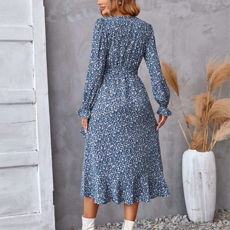 Floral Print Ruffle-Hem Belted Midi Dress - blue