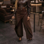 Retro High-waisted Cross-over Metal Buckle Irregular Wide-leg Pants - coffee