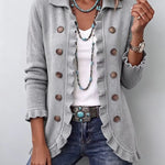 Double-Button Ruffle-Trim Knit Cardigan - grey