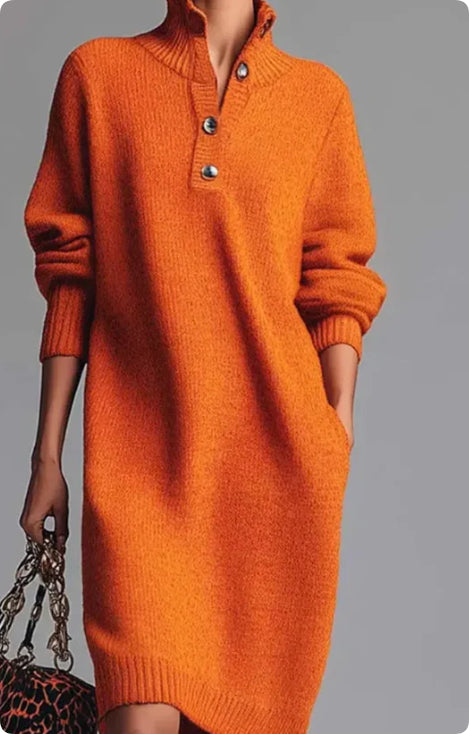 Long-Sleeved Sweater Dress: Chic Comfort - Orange
