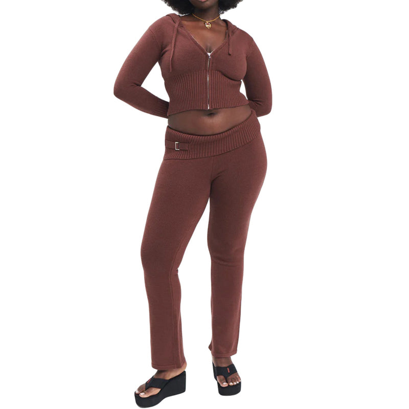 Sweater And High Waist Long Pants Set - maroon