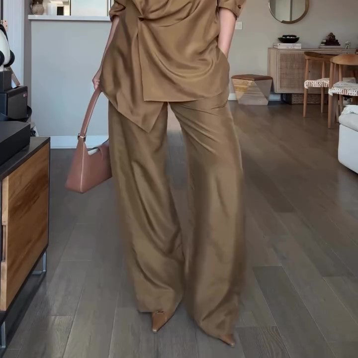 Wrap-style Satin Blouse And Wide-leg Pants Set