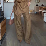 Wrap-style Satin Blouse And Wide-leg Pants Set