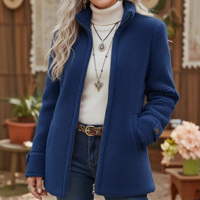 Stand Collar Zip-Up Fleece Jacket - navy blue