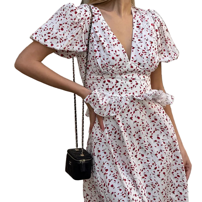 Ditsy Cherry Floral Flutter-Sleeve Ruffle Waist Maxi Dress