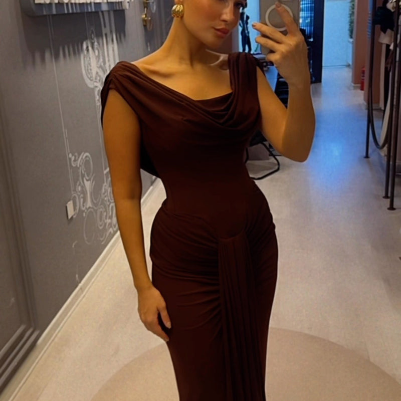 Brown Swoosh Collar Sleeveless Maxi Dress