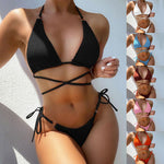 O-Ring Wrap-Tie Criss-Cross Ribbed Bikini Set