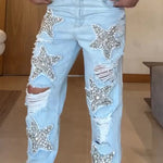 Five-pointed Star Hot Diamond Ripped Jeans