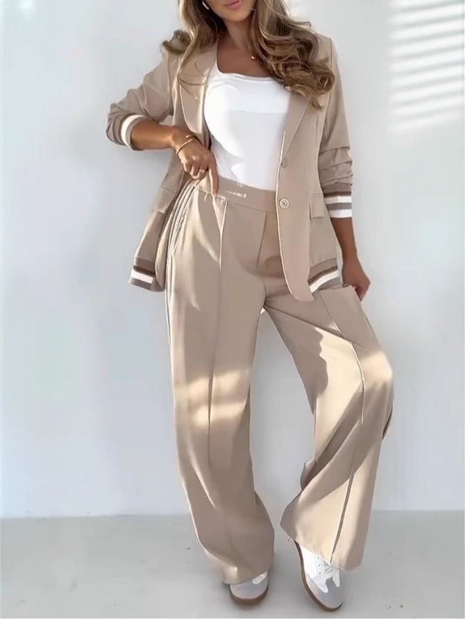 2 Pcs Set Long Sleeves Jacket Wide Leg High Waist Trousers Outfit - beige