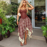 Brown Corset Top & Plaid Asymmetrical Midi Skirt 2-Piece Set