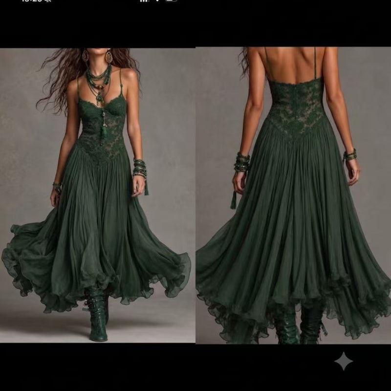 Lace-Detail Flowing Midi Dress - green