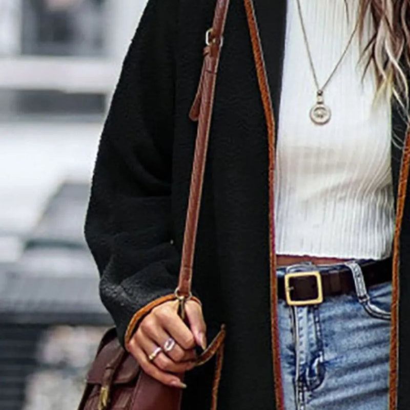 Contrast Trim Long Sleeve Coat with Pockets - runwayfashionista.com
