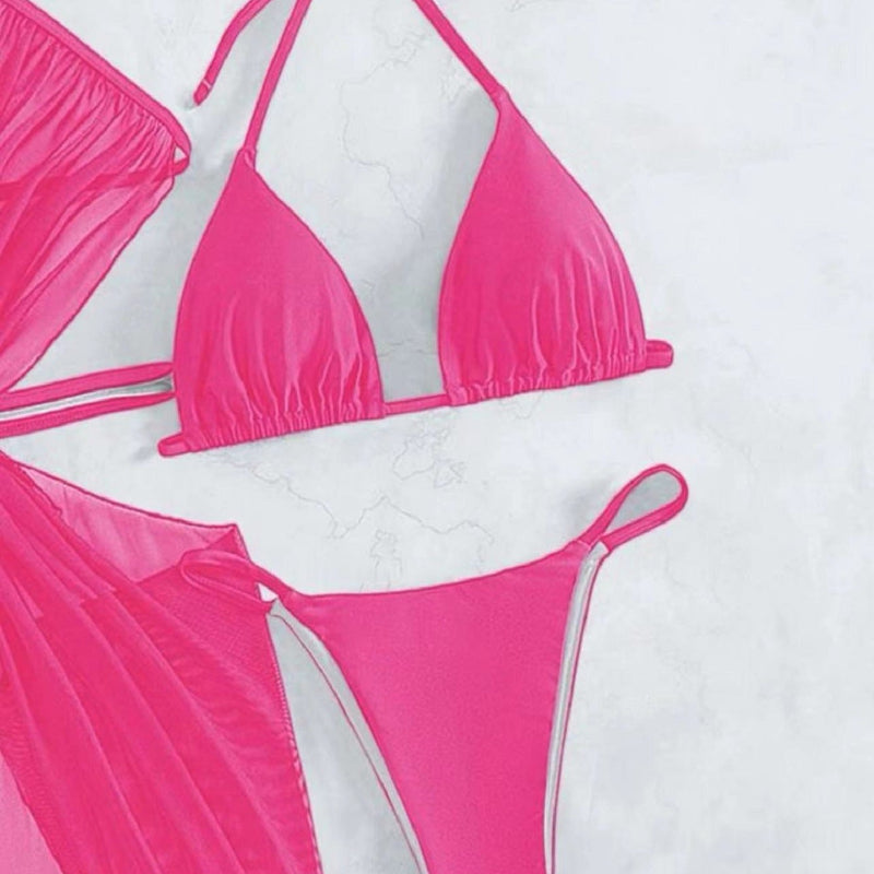 Rhinestone Heart Hardware Halter Bikini Set with Mesh Skirt — 3 Piece - pink