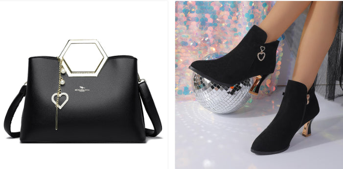 Pointed-Toe Ankle Boots and Matching Handbag Set - black