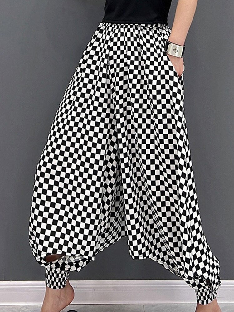 High Waist Loose Slim Check Harlan Pants - runwayfashionista.com