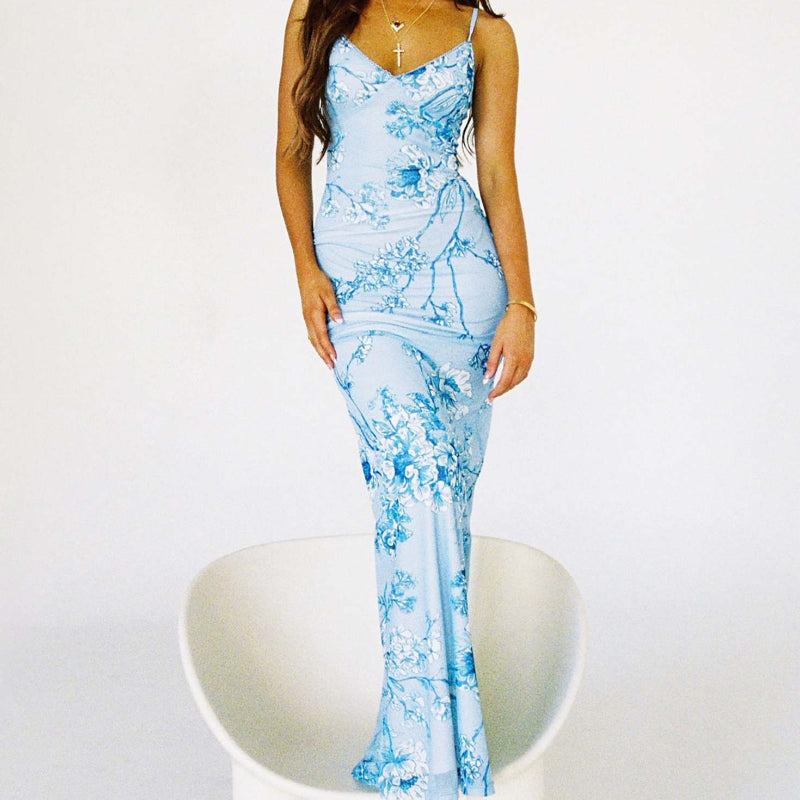 Suspender Skirt Vacation Beach Long Dresses - light blue
