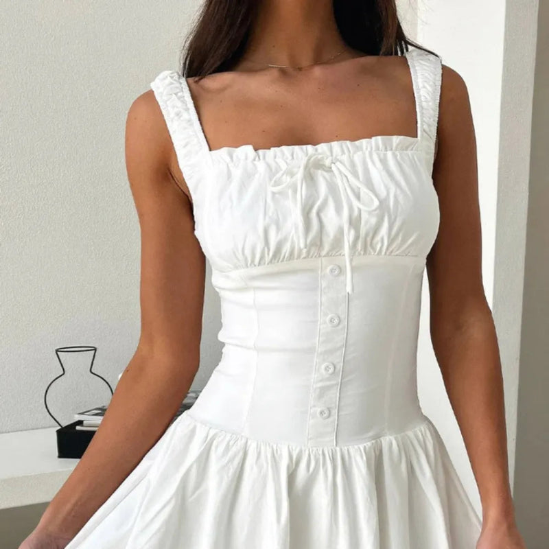Decorative Button Square Neck Cami Dress - runwayfashionista.com