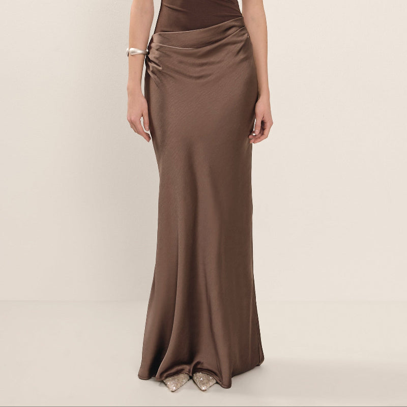 Brown One Shoulder Paneled Satin Maxi Dress