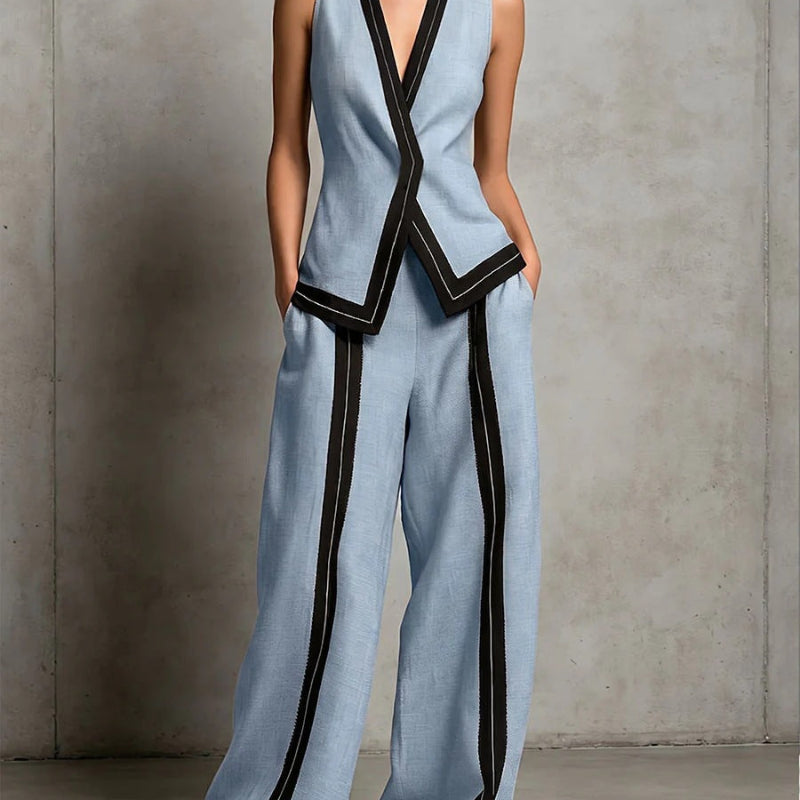 Contrast Trim Vest & Wide Leg Pants Set - blue