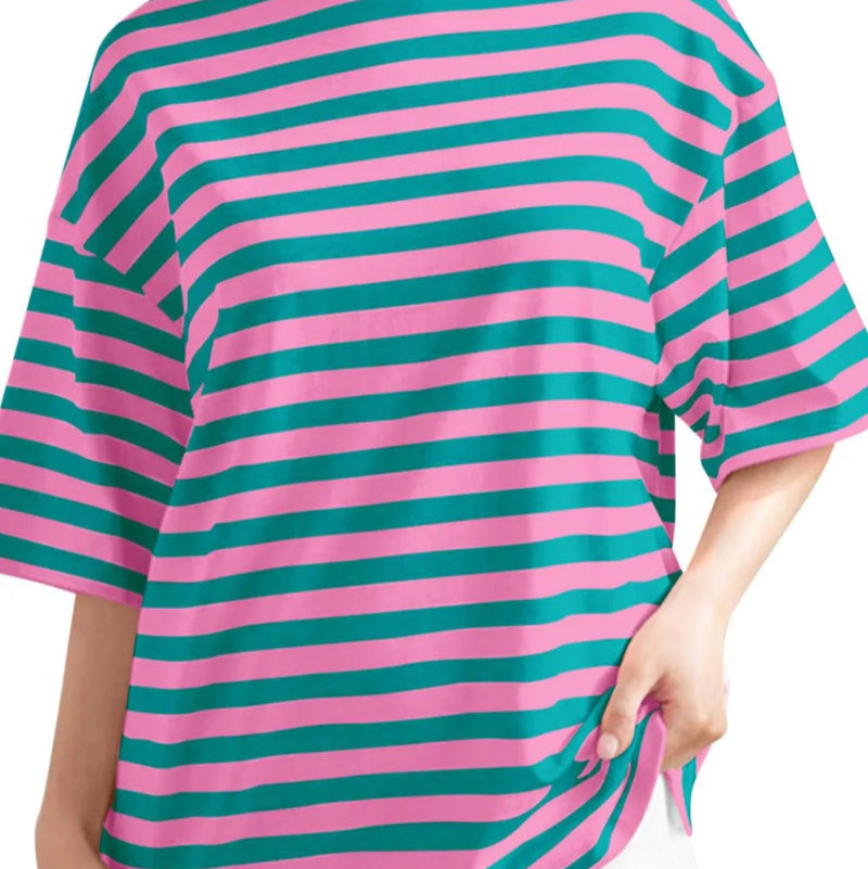 Casual Striped Quarter Sleeve T - Shirt - runwayfashionista.com